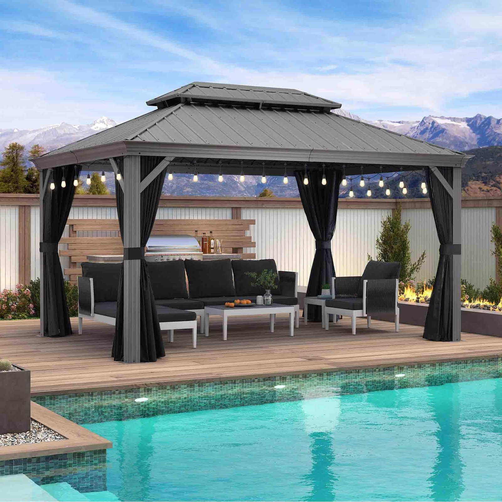 Patio Gazebo for Pool Light Grey Hardtop Galvanized Steel Roof with String Lights-clear - Image 12
