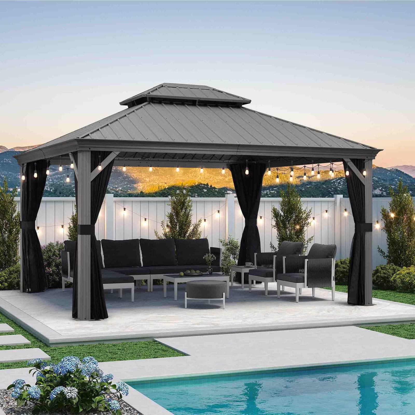 Patio Gazebo for Pool Light Grey Hardtop Galvanized Steel Roof with String Lights-clear - Image 13