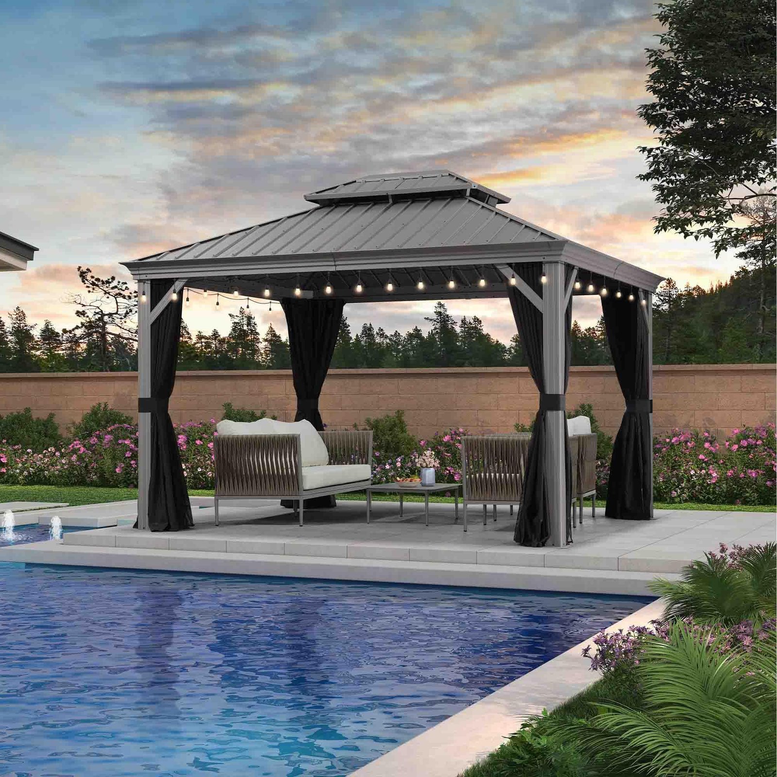 Patio Gazebo for Pool Light Grey Hardtop Galvanized Steel Roof with String Lights-clear - Image 9