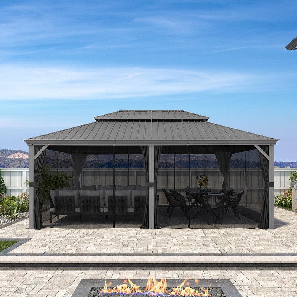 Patio Gazebo for Pool Light Grey Hardtop Galvanized Steel Roof with String Lights-clear - Image 19