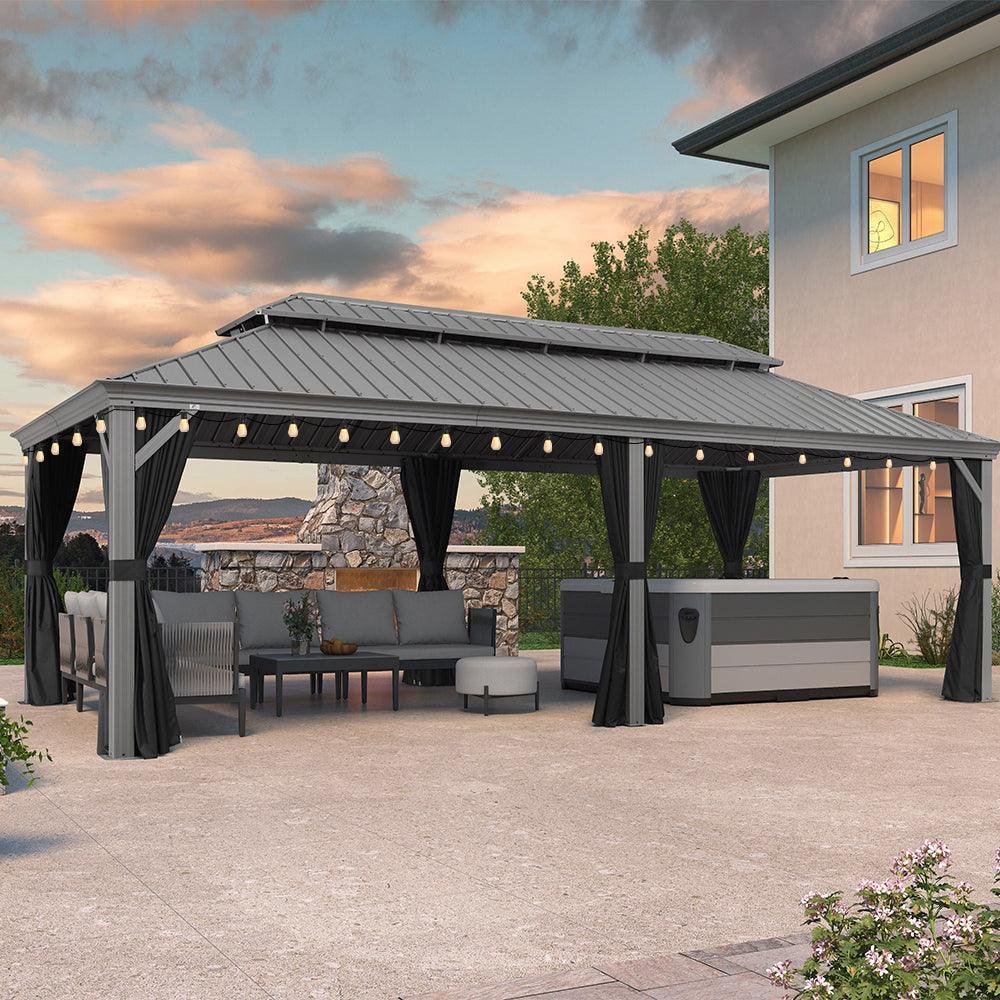 Patio Gazebo for Pool Light Grey Hardtop Galvanized Steel Roof with String Lights-clear - Image 21
