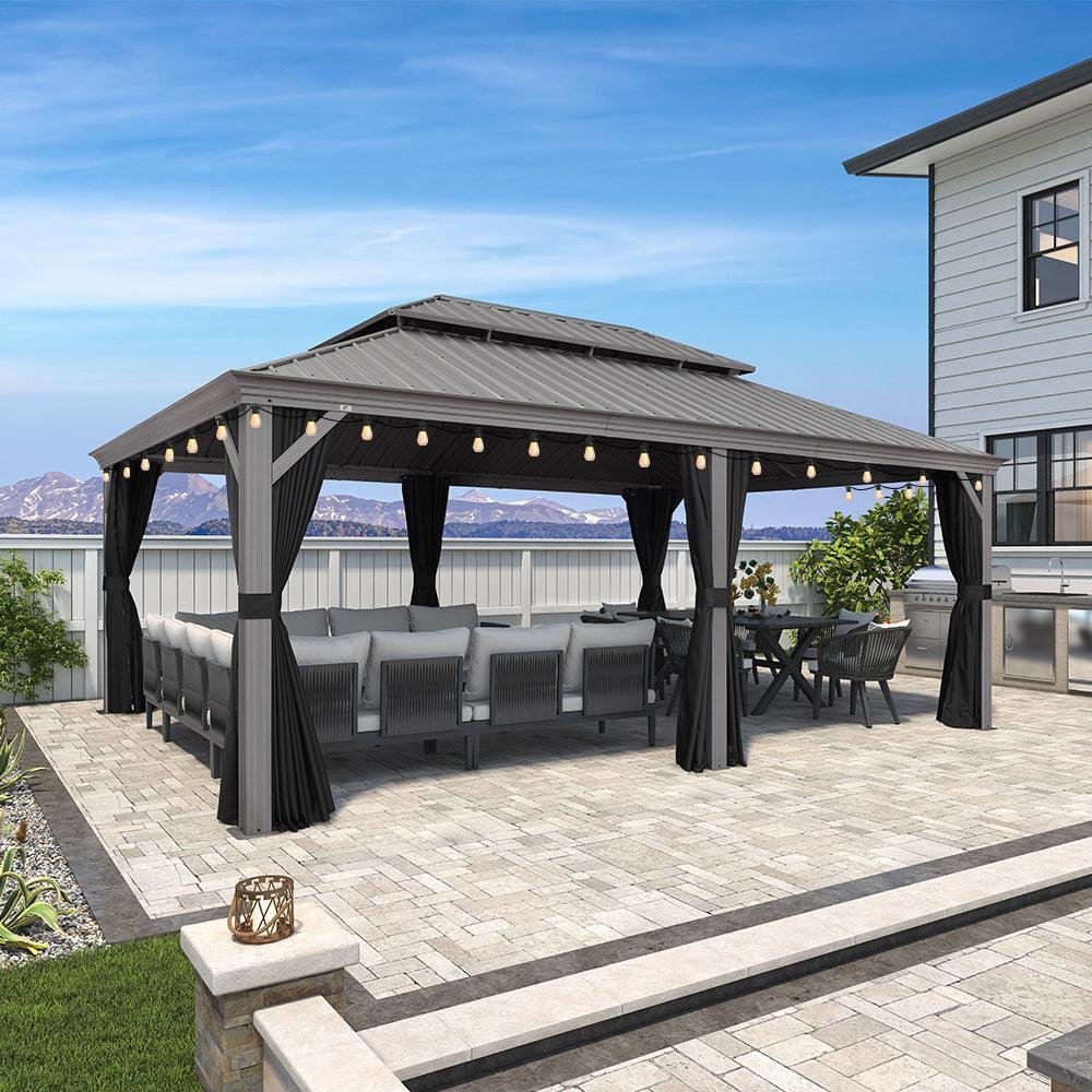 Patio Gazebo for Pool Light Grey Hardtop Galvanized Steel Roof with String Lights-clear - Image 4