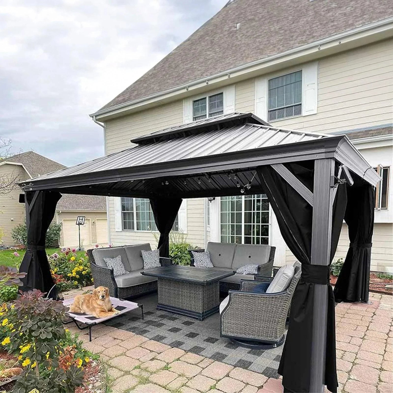 Patio Gazebo for Pool Light Grey Hardtop Galvanized Steel Roof with String Lights-clear - Image 24