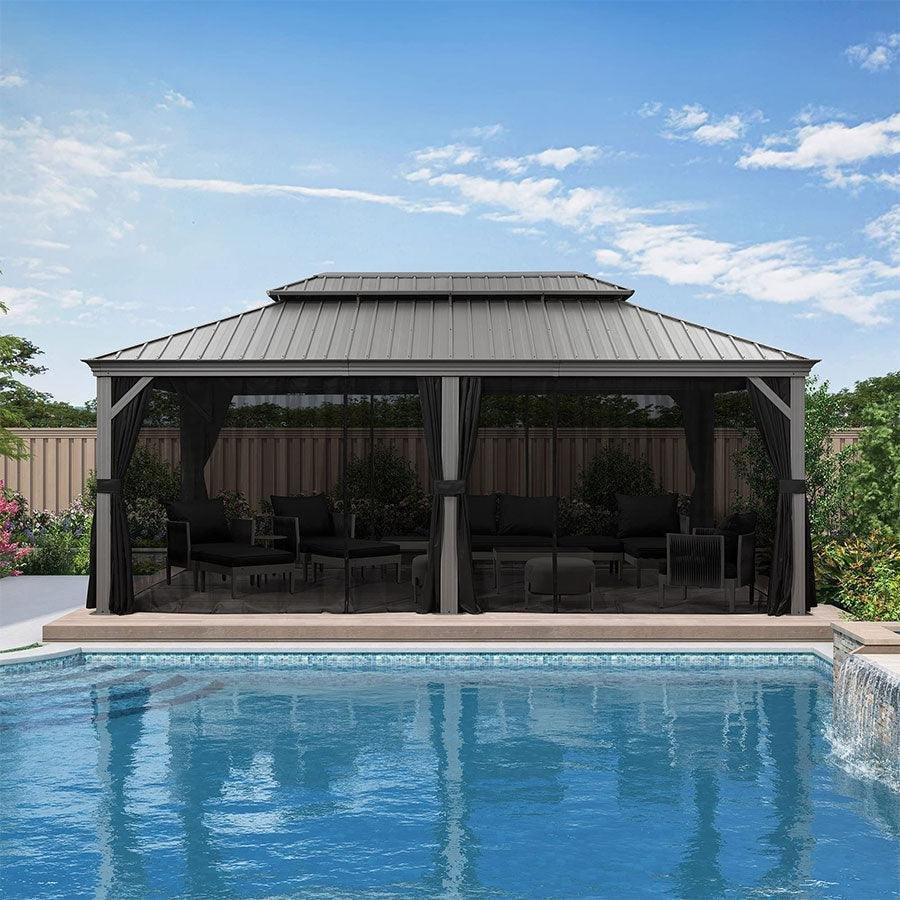 Patio Gazebo for Pool Light Grey Hardtop Galvanized Steel Roof with Upgraded Curtains - Image 15