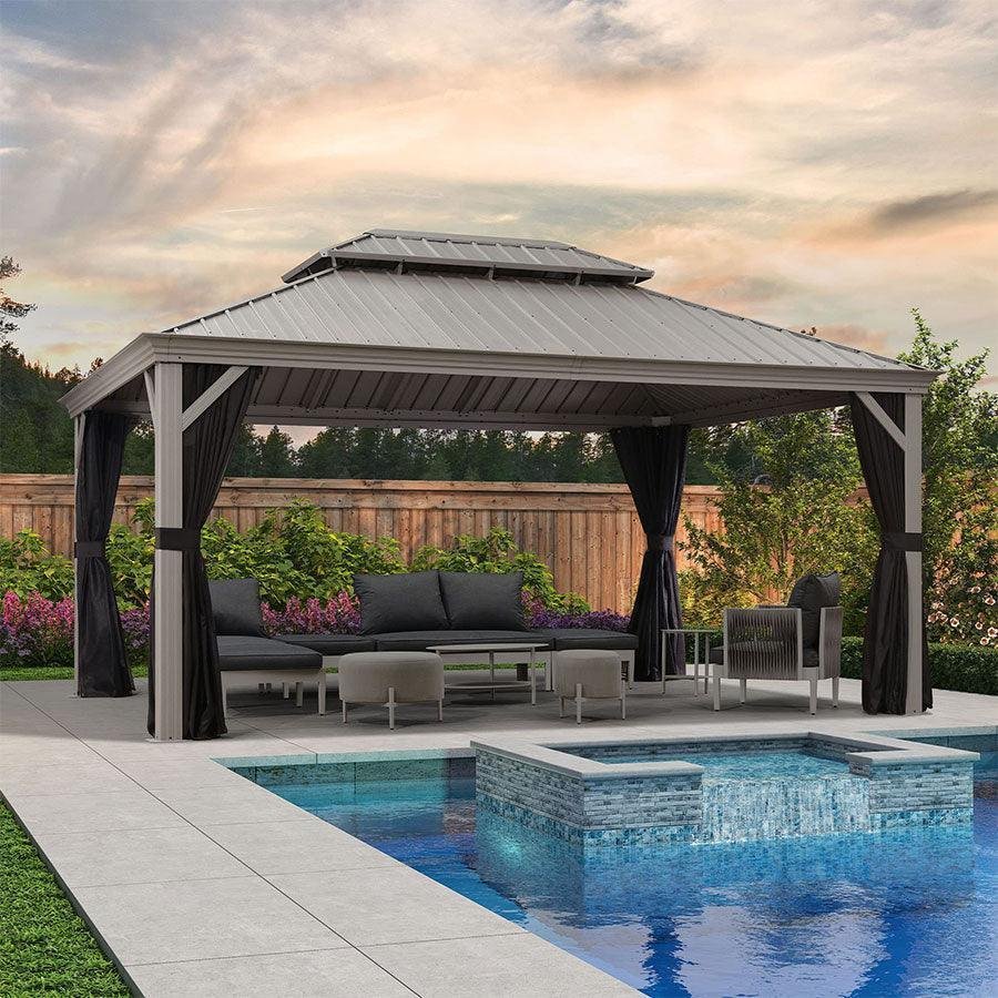 Patio Gazebo for Pool Light Grey Hardtop Galvanized Steel Roof with Upgraded Curtains - Image 11