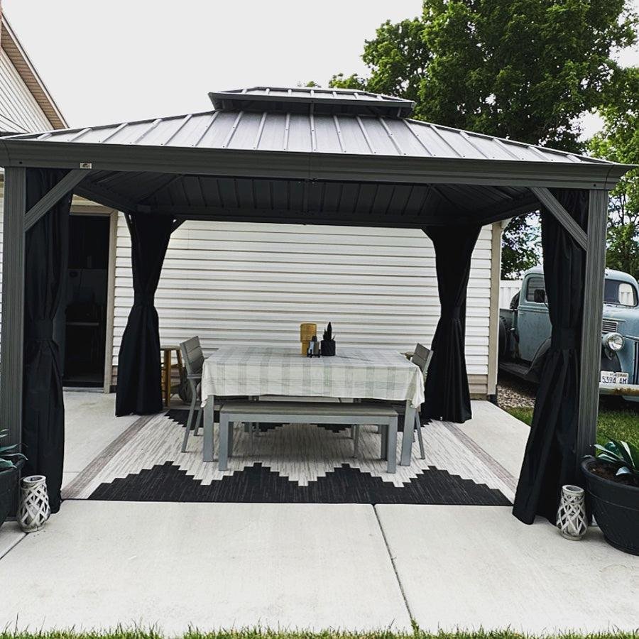 Patio Gazebo for Pool Light Grey Hardtop Galvanized Steel Roof with Upgraded Curtains - Image 16