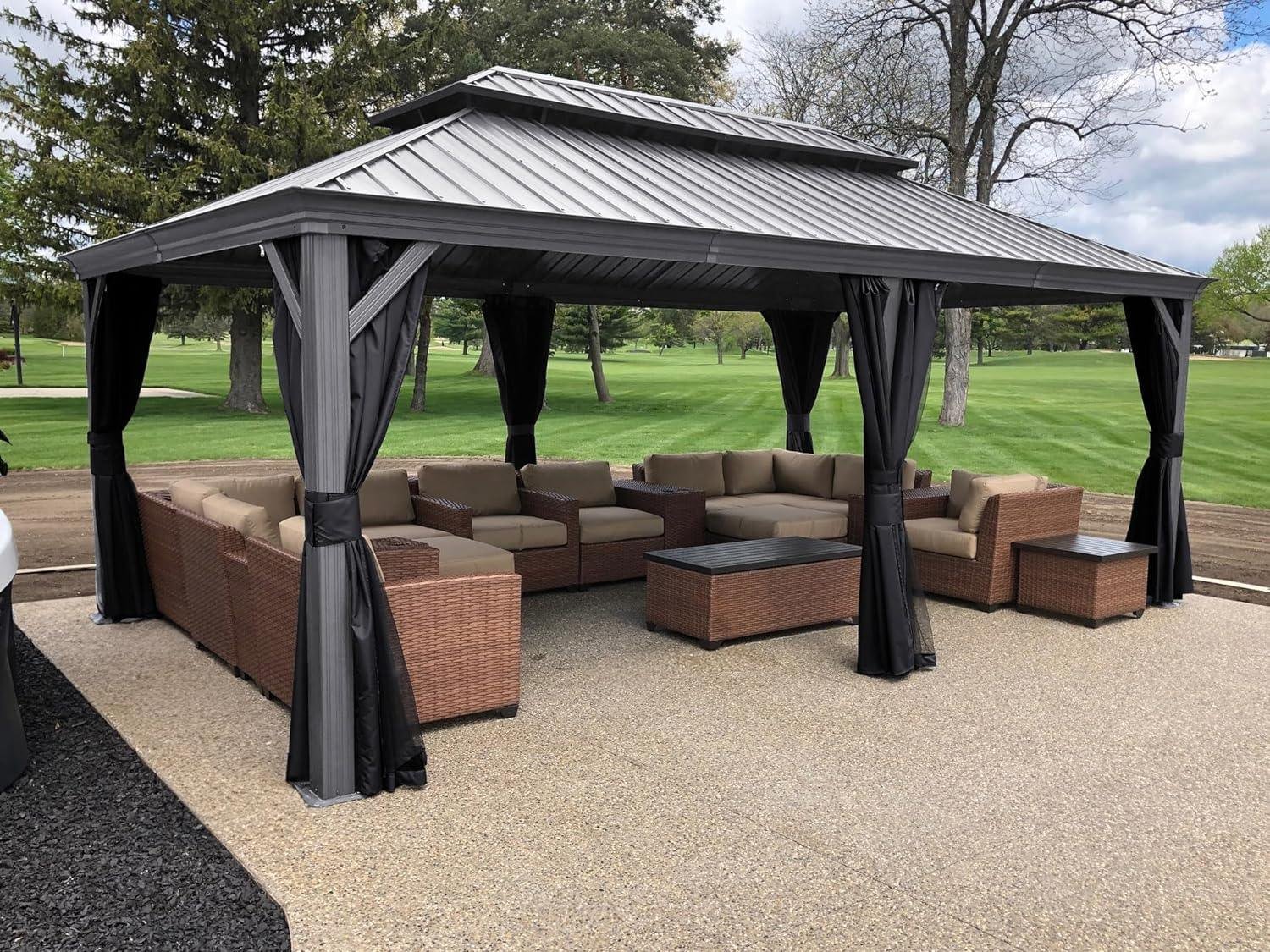 Patio Gazebo for Pool Light Grey Hardtop Galvanized Steel Roof with Upgraded Curtains - Image 18