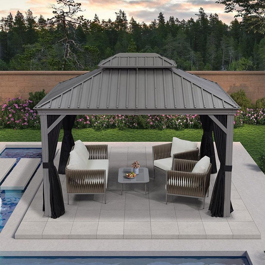 Patio Gazebo for Pool Light Grey Hardtop Galvanized Steel Roof with Upgraded Curtains - Image 12