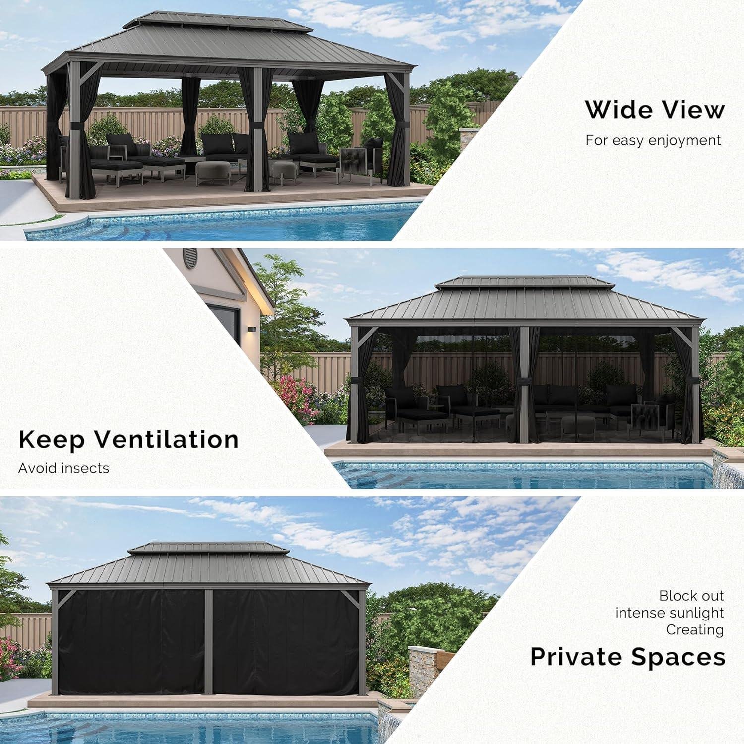Patio Gazebo for Pool Light Grey Hardtop Galvanized Steel Roof with Upgraded Curtains - Image 19
