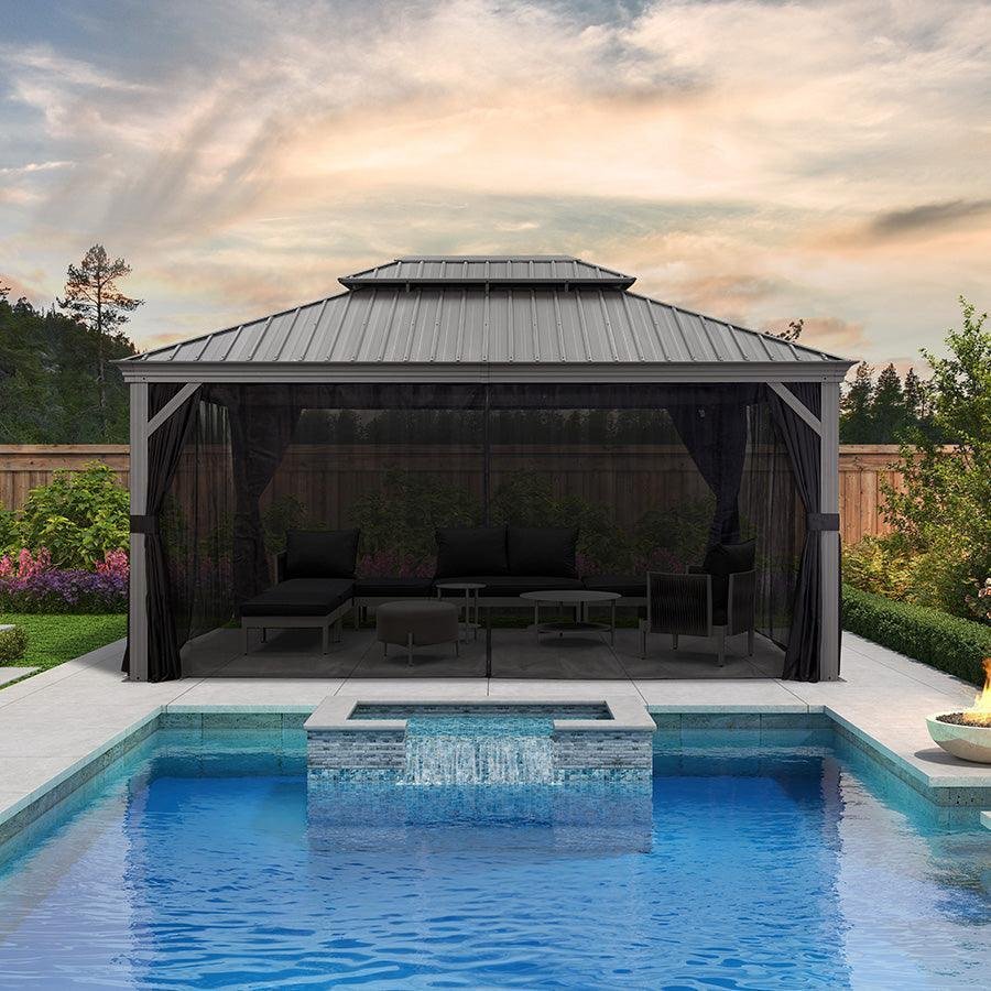 Patio Gazebo for Pool Light Grey Hardtop Galvanized Steel Roof with Upgraded Curtains - Image 33