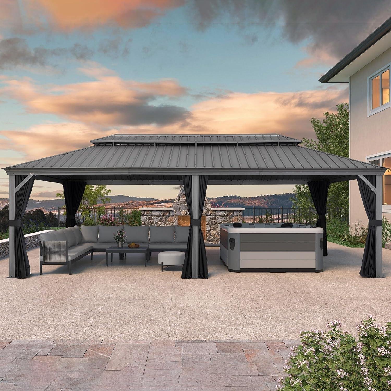 Patio Gazebo for Pool Light Grey Hardtop Galvanized Steel Roof with Upgraded Curtains - Image 5