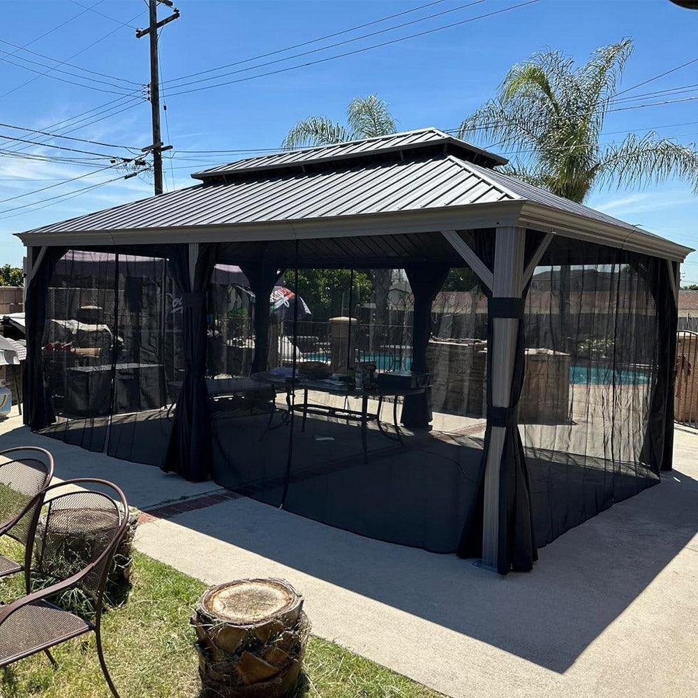 Patio Gazebo for Pool Light Grey Hardtop Galvanized Steel Roof with Upgraded Curtains - Image 37