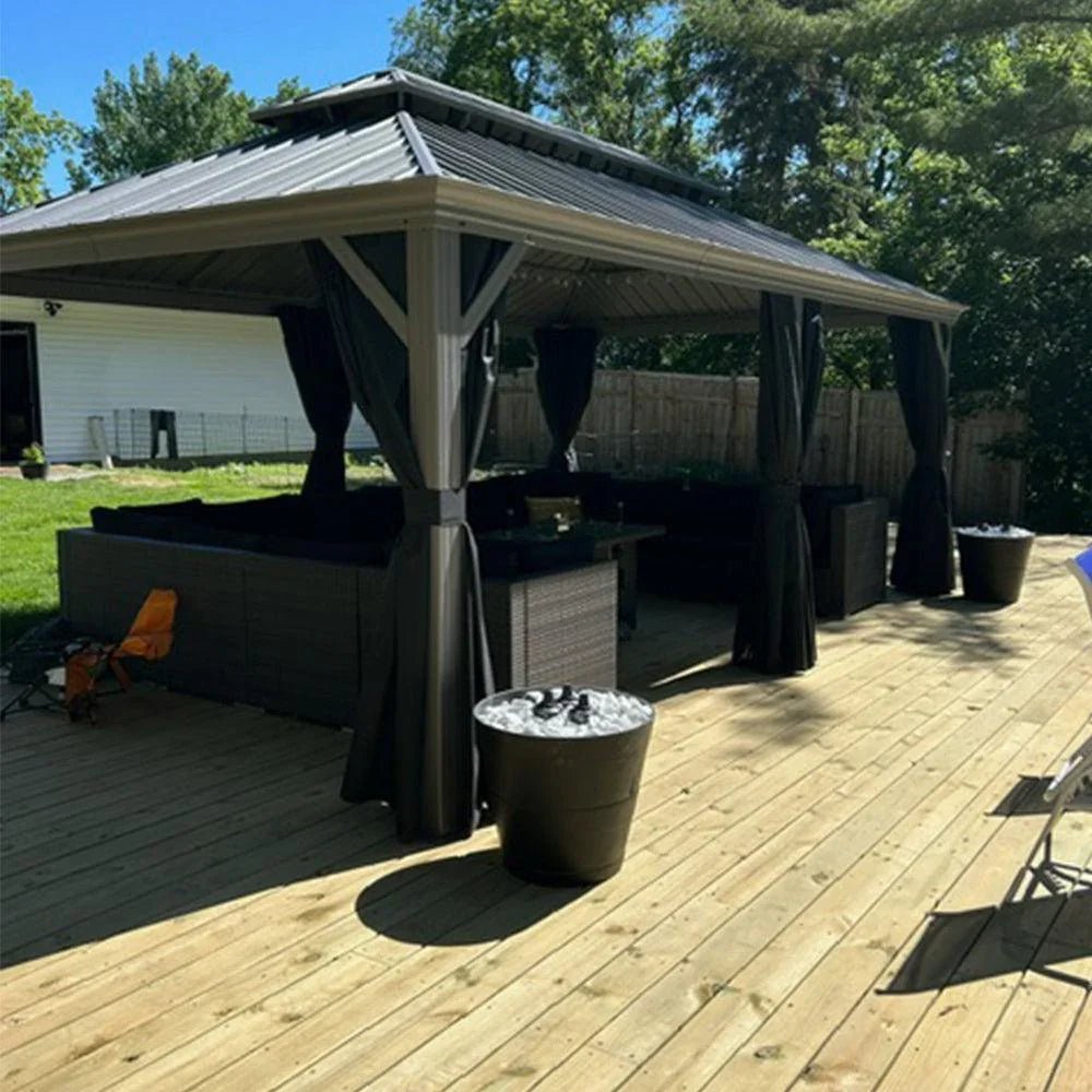 Patio Gazebo for Pool Light Grey Hardtop Galvanized Steel Roof with Upgraded Curtains - Image 39