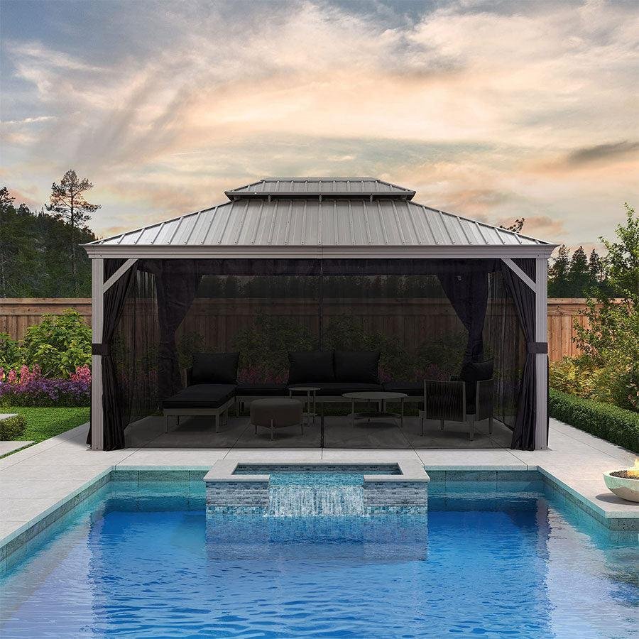 Patio Gazebo for Pool Light Grey Hardtop Galvanized Steel Roof with Upgraded Curtains - Image 13