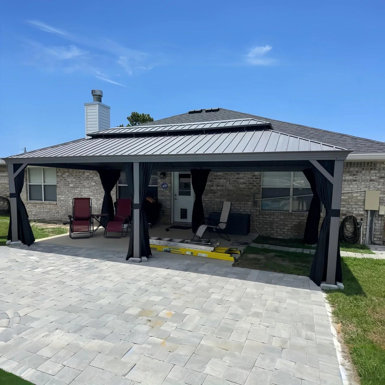 Patio Gazebo for Pool Light Grey Hardtop Galvanized Steel Roof with Upgraded Curtains - Image 40