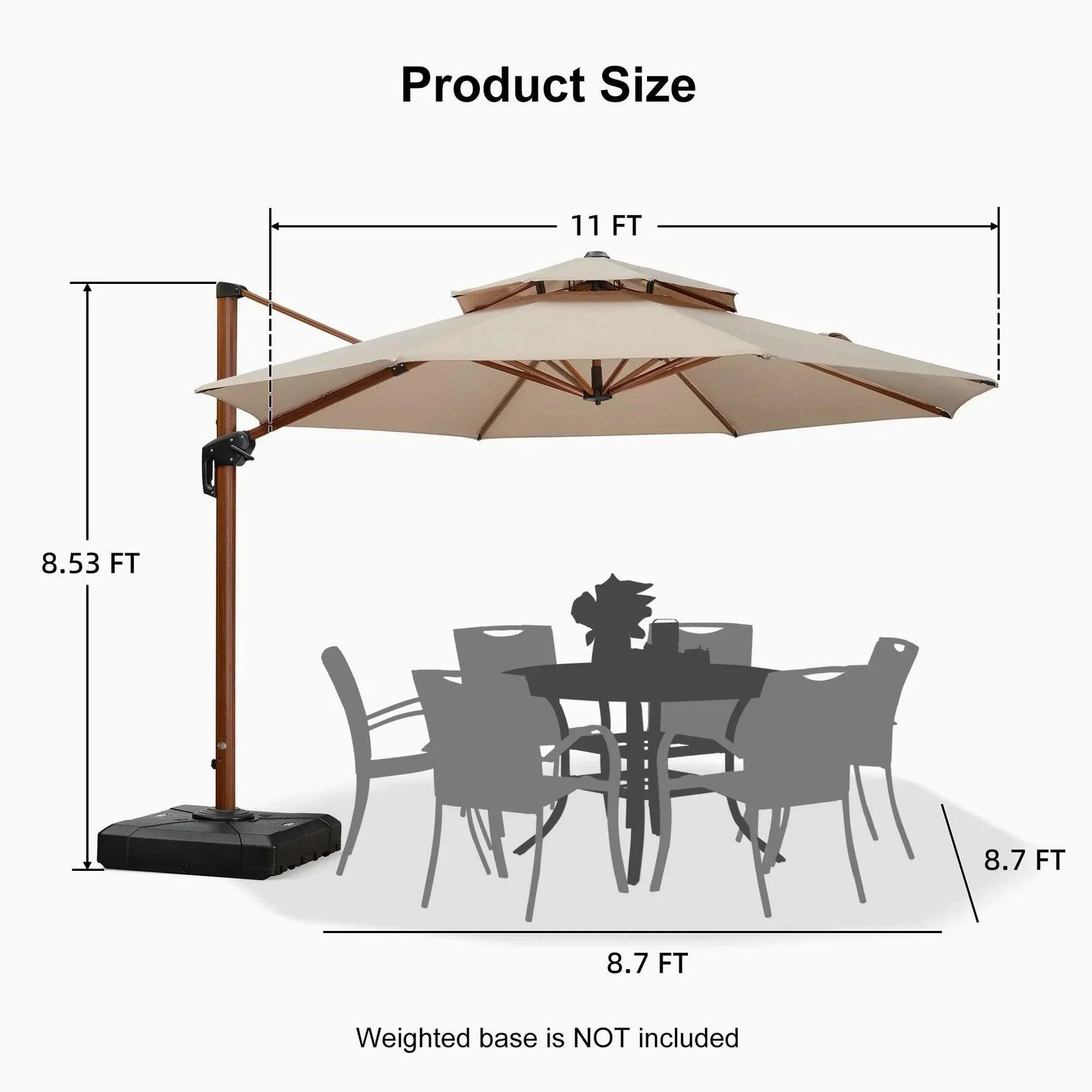 Double Top 10 / 11 / 12 / 13 ft Round Aluminum Patio Umbrella in Wood Color - Image 86