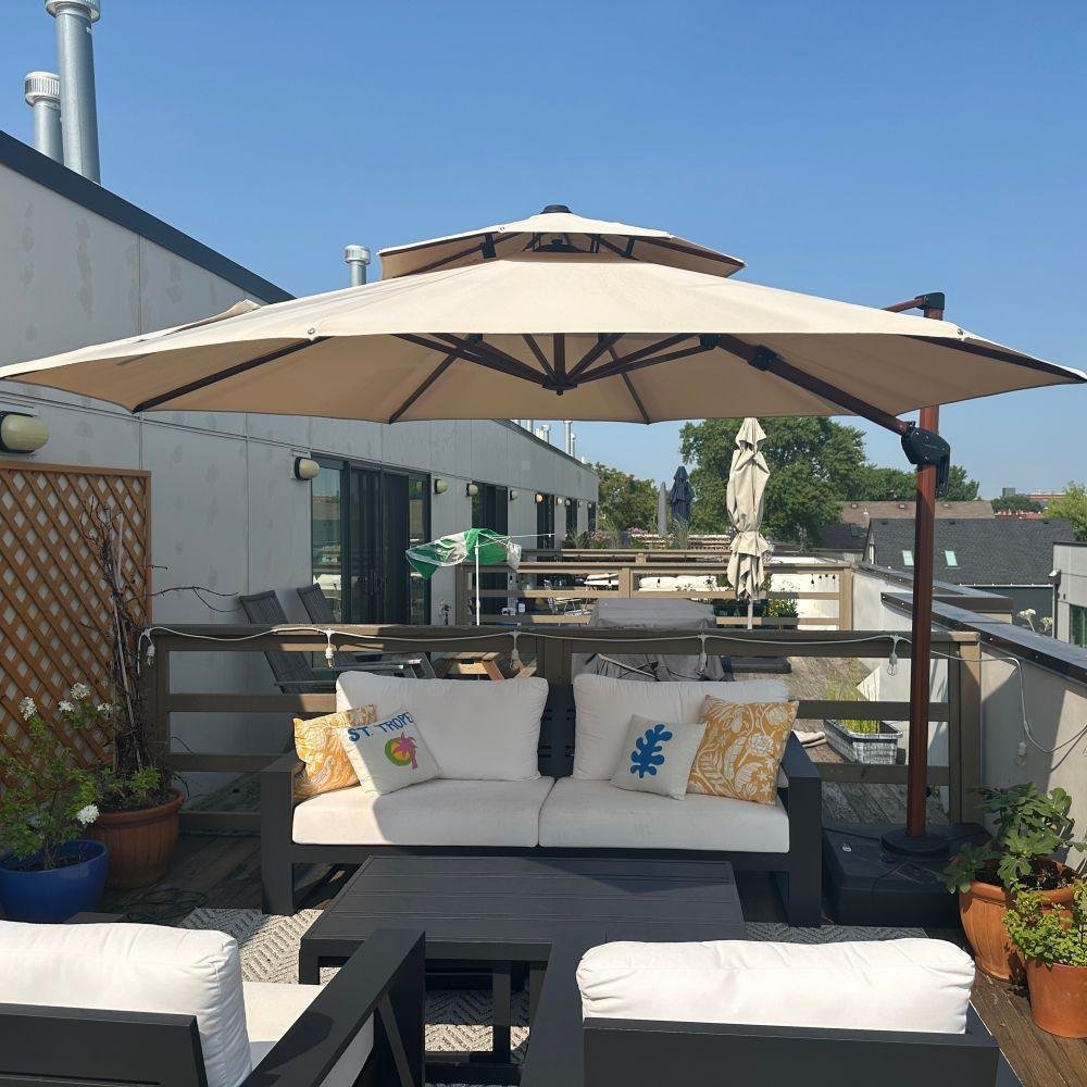 Double Top 10 / 11 / 12 / 13 ft Round Aluminum Patio Umbrella in Wood Color - Image 27