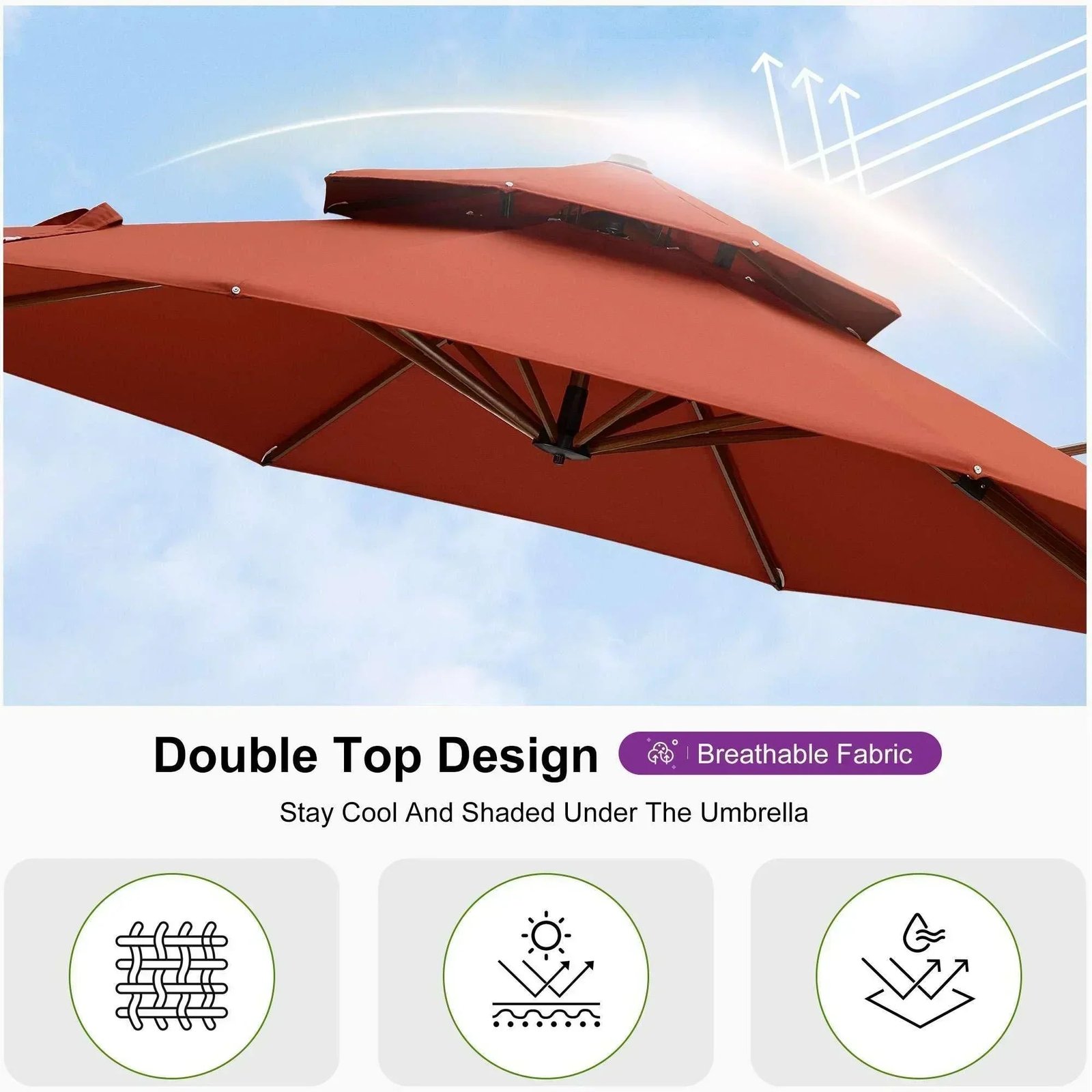 Double Top 10 / 11 / 12 / 13 ft Round Aluminum Patio Umbrella in Wood Color - Image 68