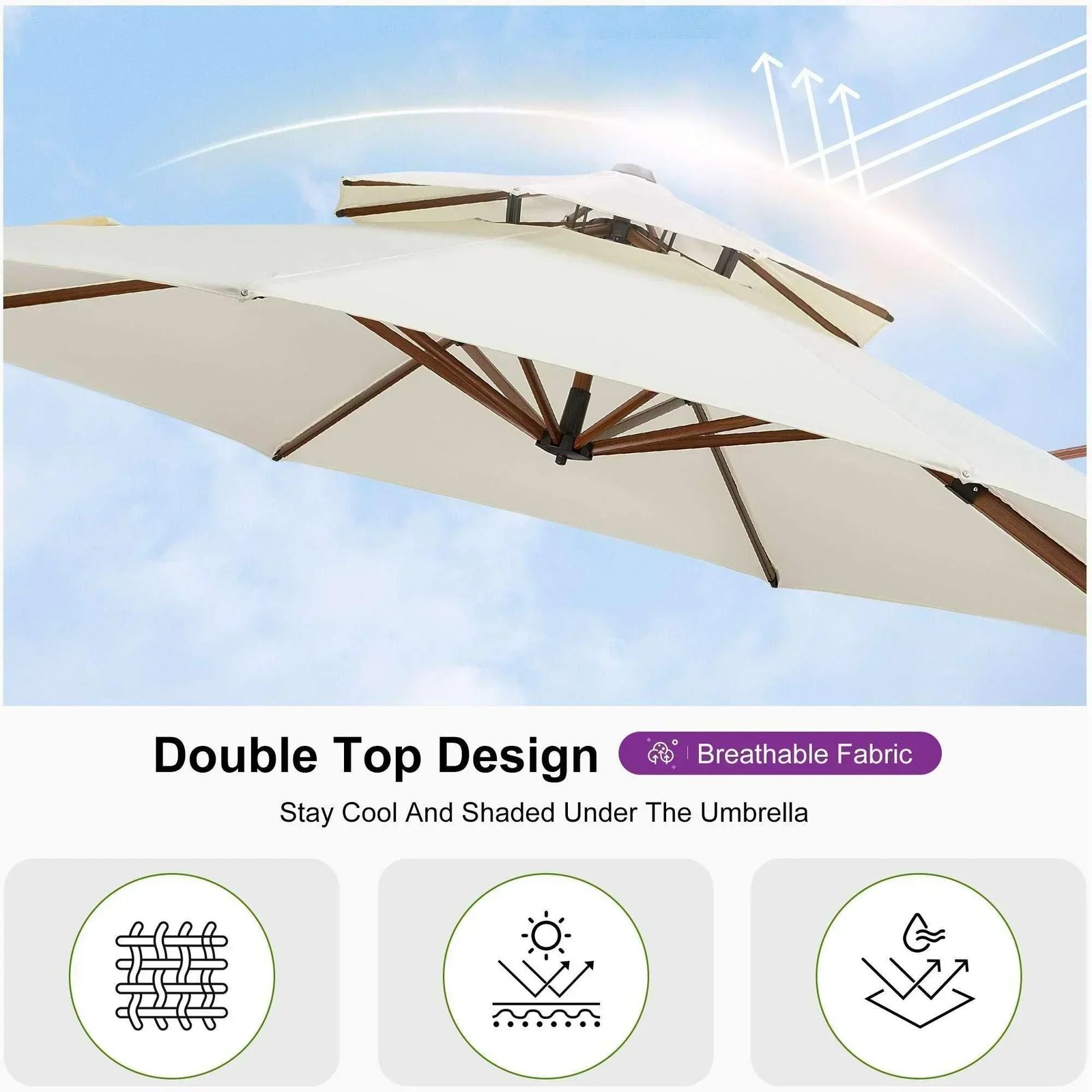 Double Top 10 / 11 / 12 / 13 ft Round Aluminum Patio Umbrella in Wood Color - Image 53