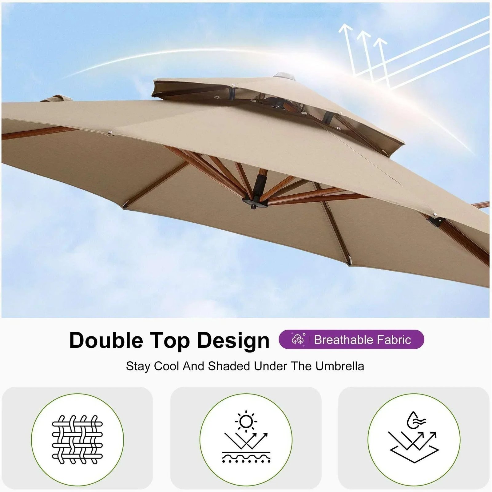 Double Top 10 / 11 / 12 / 13 ft Round Aluminum Patio Umbrella in Wood Color - Image 57