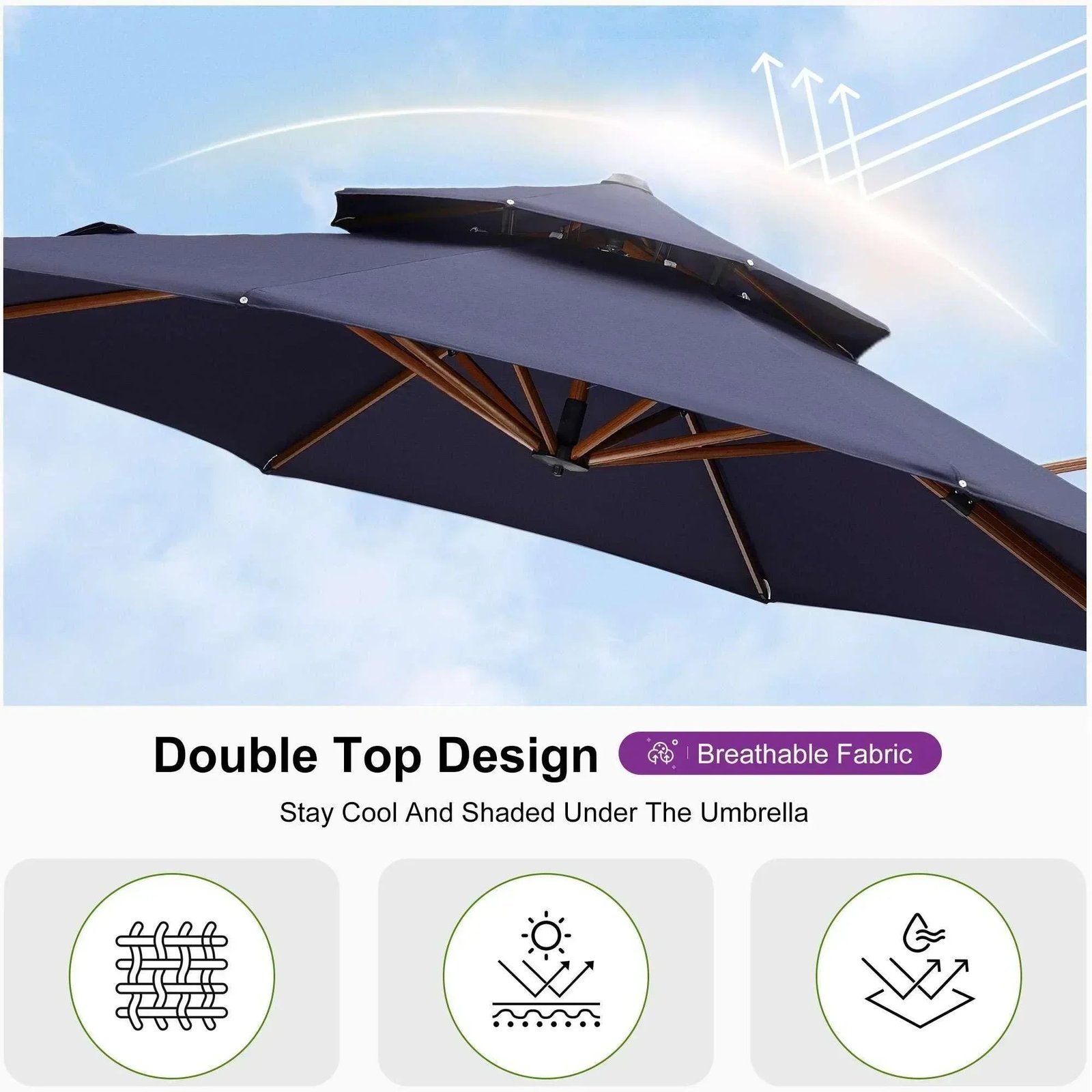 Double Top 10 / 11 / 12 / 13 ft Round Aluminum Patio Umbrella in Wood Color - Image 60