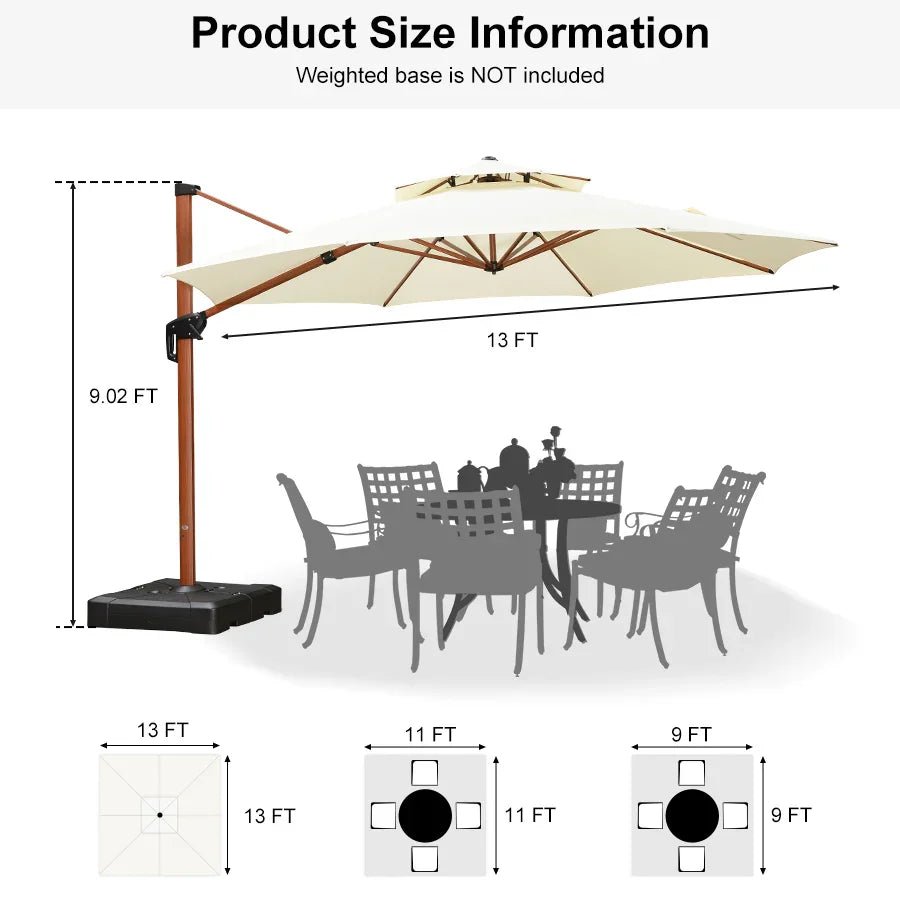 Double Top 10 / 11 / 12 / 13 ft Round Aluminum Patio Umbrella in Wood Color - Image 143