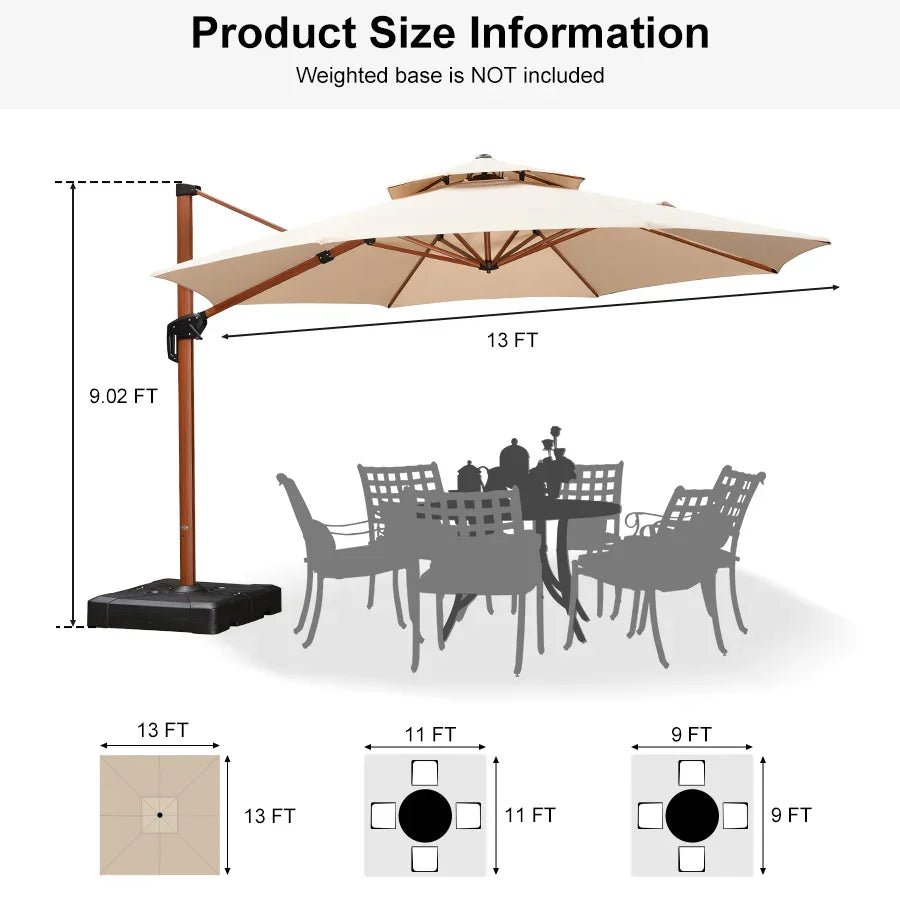 Double Top 10 / 11 / 12 / 13 ft Round Aluminum Patio Umbrella in Wood Color - Image 144