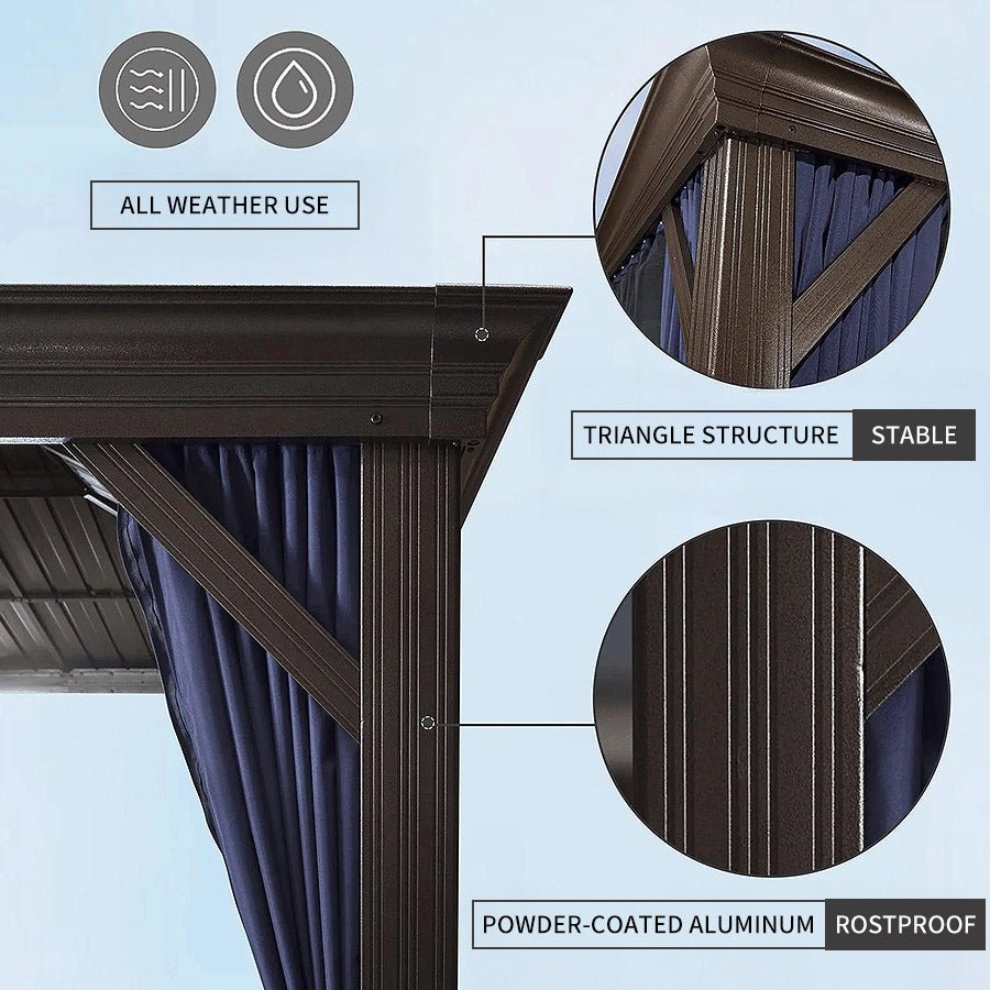 Outdoor Hardtop Gazebo for Patio Bronze Aluminum Frame Pavilion with Navy-Blue Curtain and String Lights-milky - Image 86