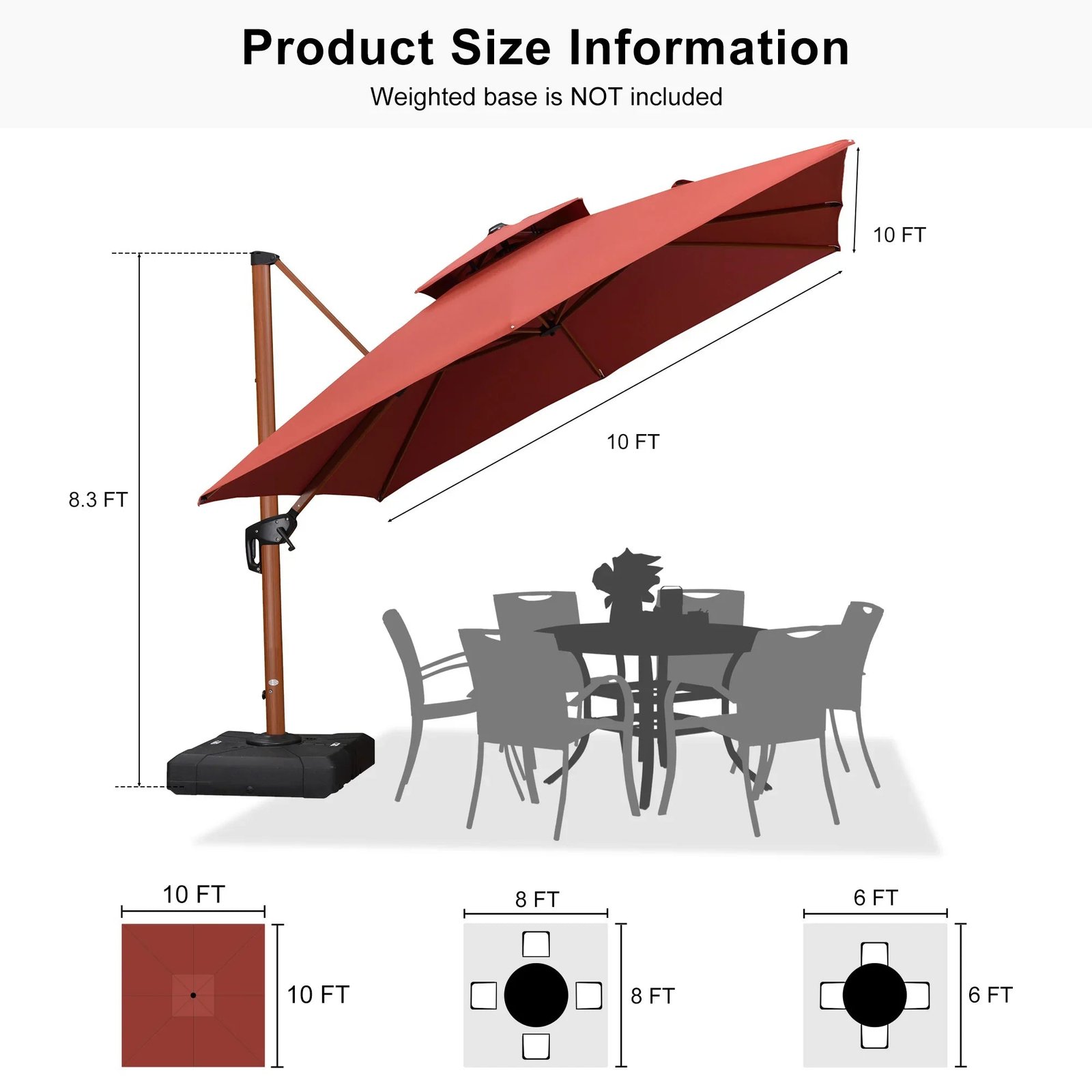 Double Top 9 / 10 / 11 / 12 ft Square Aluminum Sun Umbrellas in Wood Color - Image 165