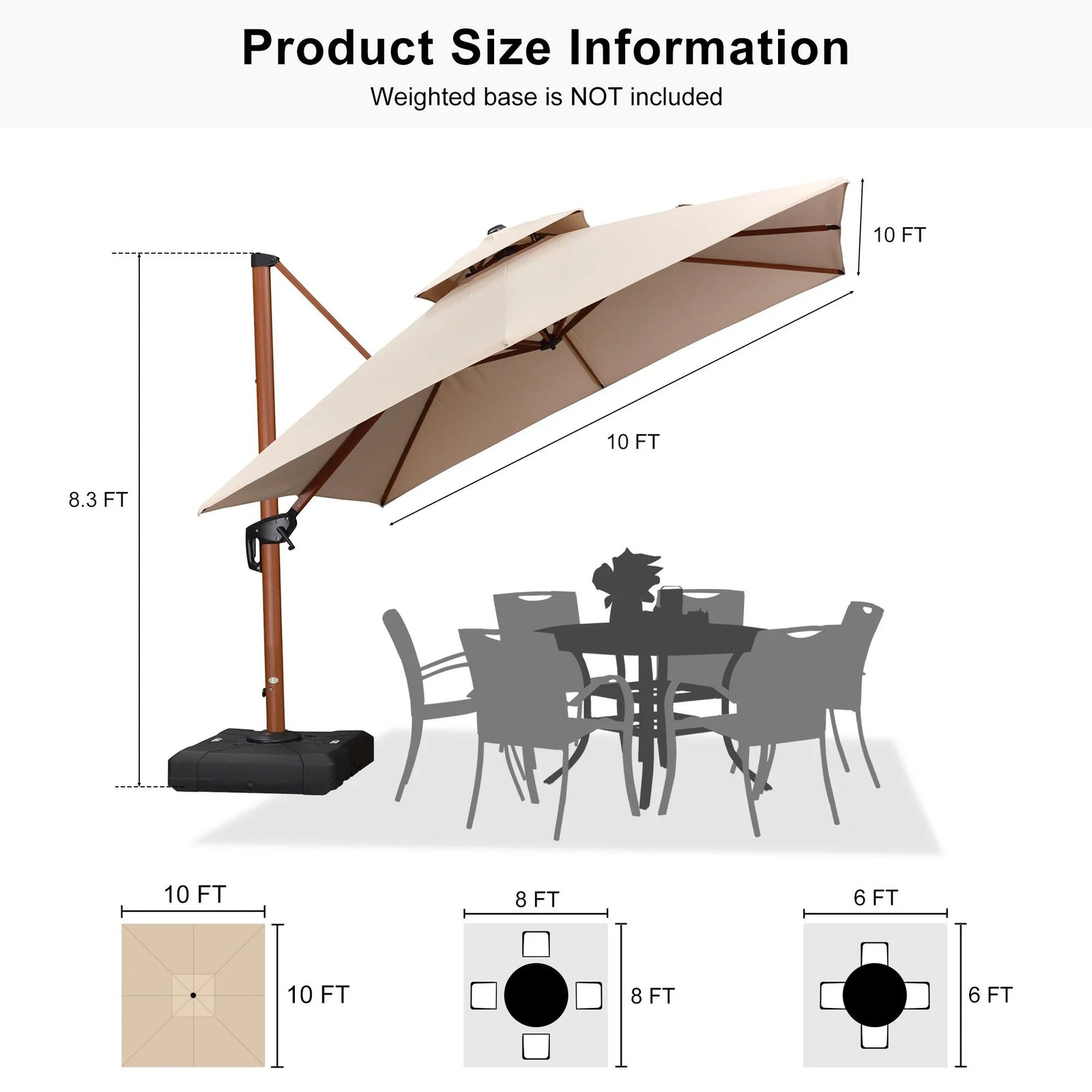 Double Top 9 / 10 / 11 / 12 ft Square Aluminum Sun Umbrellas in Wood Color - Image 164