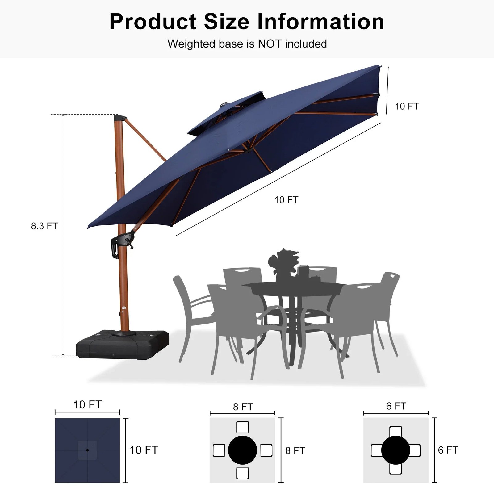 Double Top 9 / 10 / 11 / 12 ft Square Aluminum Sun Umbrellas in Wood Color - Image 163