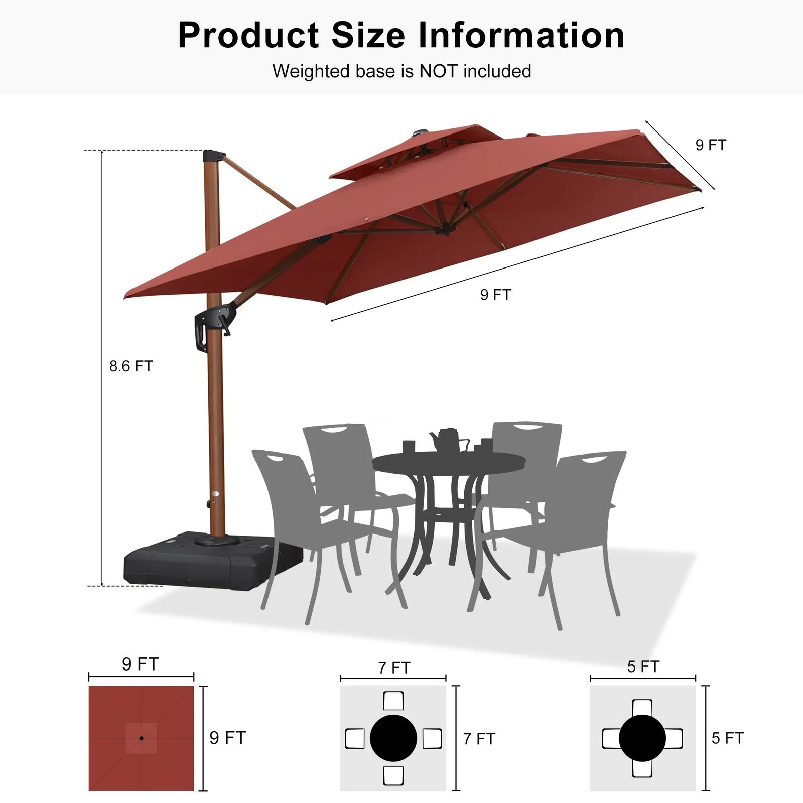 Double Top 9 / 10 / 11 / 12 ft Square Aluminum Sun Umbrellas in Wood Color - Image 169